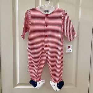 New Potatoes Red Striped Footie One Piece with Dog Feet Cotton Size 9 Months NWT